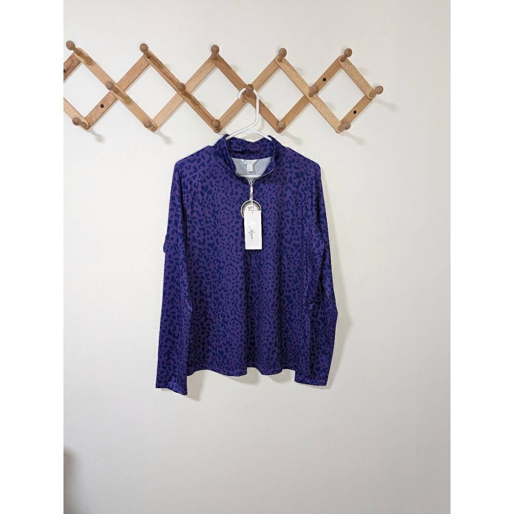 Lady Hagen Printed Bright Purple Leopard Print Quarter Zip Pullover Top - Size L